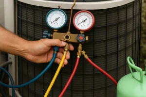 HVAC technician adjusting manifold gauge set with red, blue, and yellow hoses during air conditioning unit maintenance next to a green refrigerant tank.